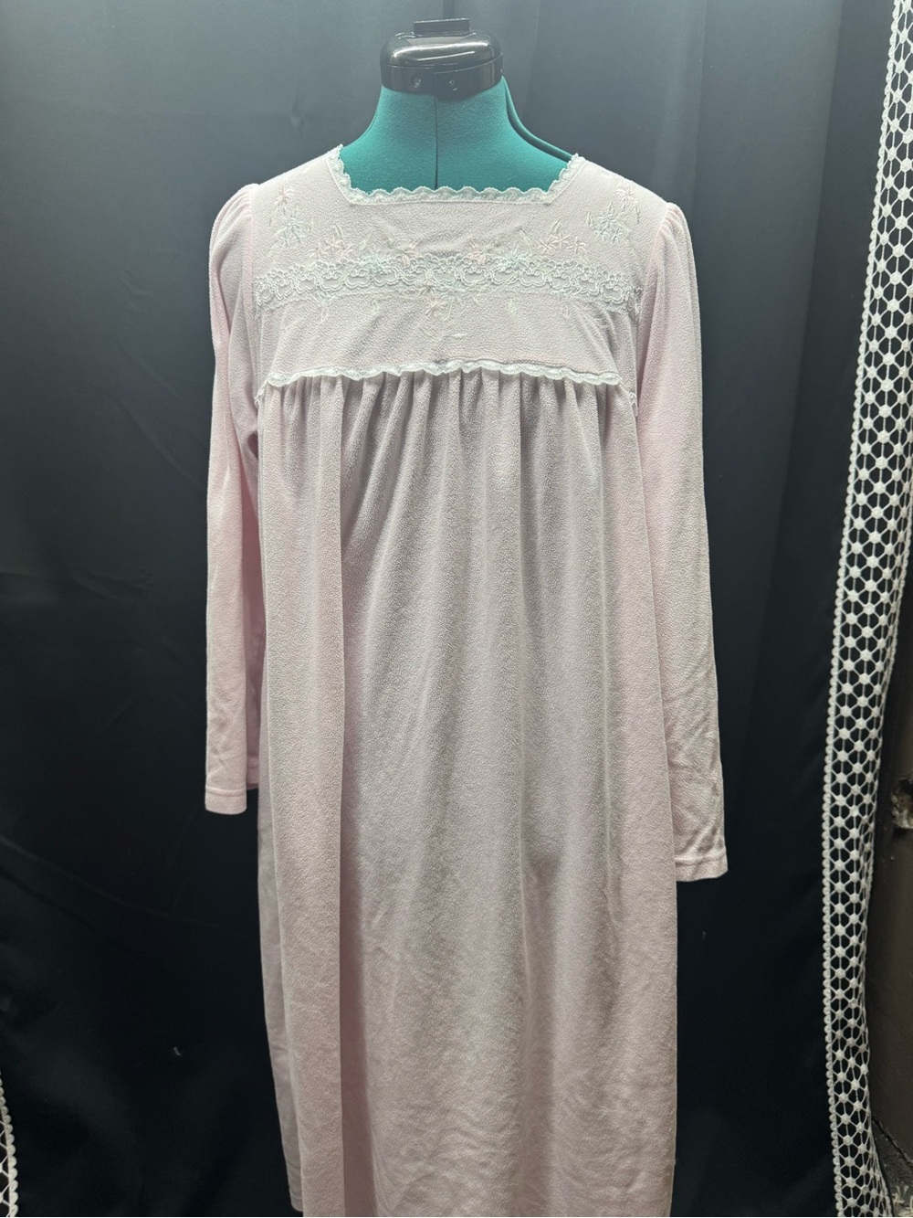 Soft Pink Long Sleeve Embroidered Yoke Nightgown